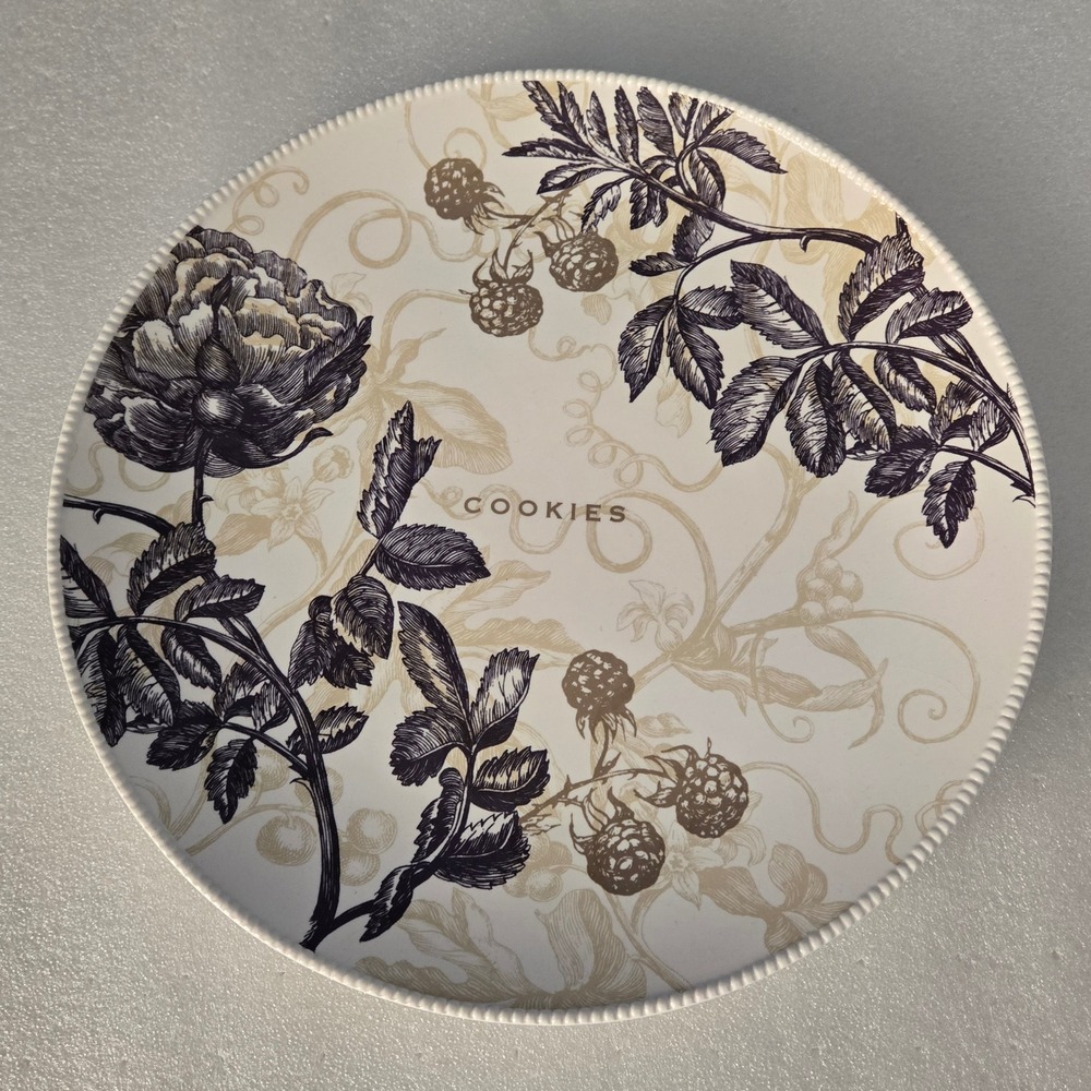 Grasslands Road Botanical Rose Berry Ceramic Cookie Plate Cream Black 12 Inch